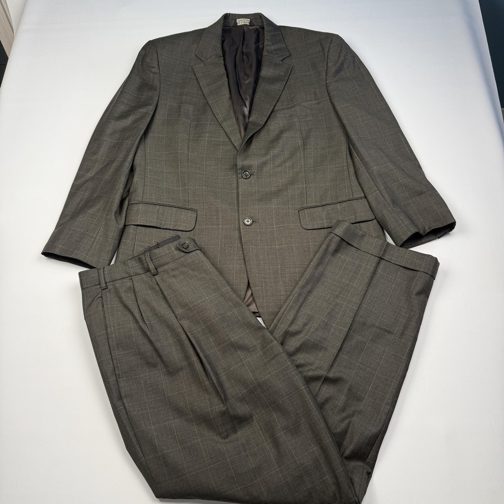 Jos. A. Bank Suit Mens 44L 39x31 Brown Plaid Wool 2 Piece Classic Fit Formal